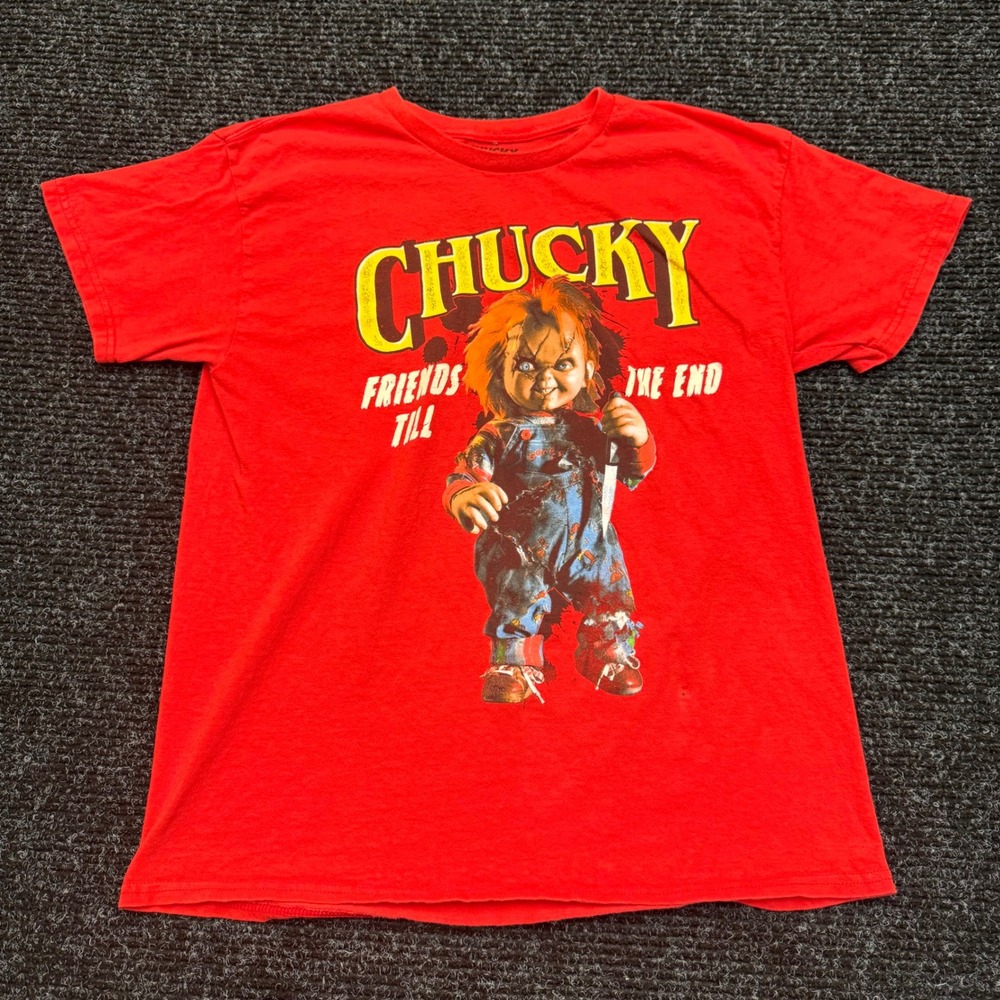 Chucky Child's Play Horror Movie Graphic T-Shirt Red Mens Large Friends Till End